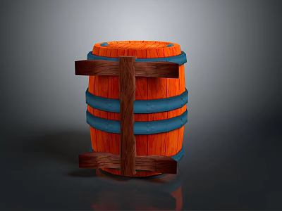 Modern Decorative Wooden Barrel Featuring Orange Surface Blue Hoops And Brown Wooden Frame 3d model