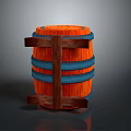 Modern Decorative Wooden Barrel Featuring Orange Surface Blue Hoops And Brown Wooden Frame