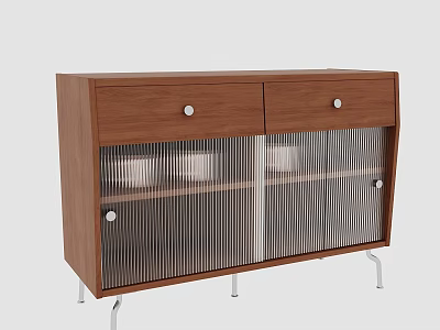 Modern Wooden Sideboard With Drawers Glass Doors Vertical Stripes And Metal Legs 3d model