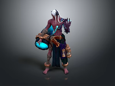 Fantasy Character With White Long Hair Red Skin Holding Blue Orb And Ornamental Containers 3d model