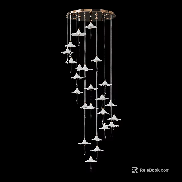 Elegant White Bell Shaped Pendant Lights Hanging in Downward Curve Against Black Background 3d model 