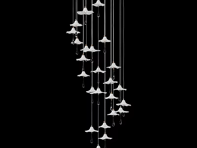 Elegant White Bell Shaped Pendant Lights Hanging in Downward Curve Against Black Background 3d model