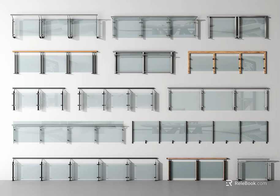 Different Types of Modern Fencing Featuring Glass Panels Wooden Rails And Metal Frames 3d model 