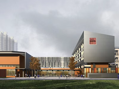 Modern School Building With Orange Gray Facade Glass Curtain Wall And Lawn Area 3d model