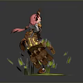 Pink Haired Woman Wearing Armor Carrying Bird Surrounded By Green Leaves And Glowing Green Liquid