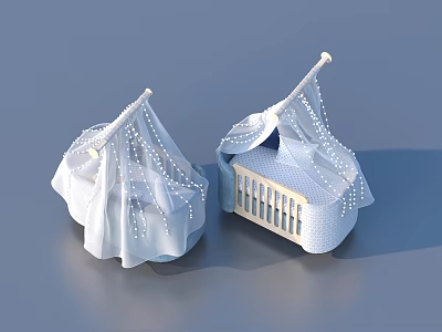 Cute Baby Cribs With White Canopies Blue Fabric And Decorative Beads 3d model