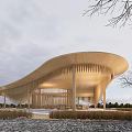 Garden Landscape with Modern Wooden Structure Curved Roof Hanging Strips Stone Path and Trees