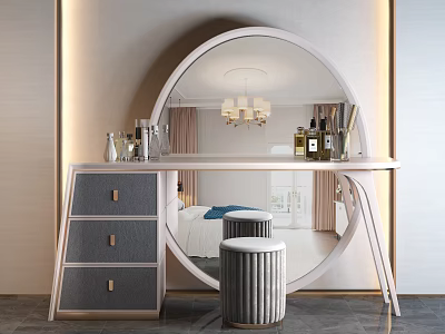 Modern Vanity Table With Large Round Mirror Storage Drawers And Stool 3d model