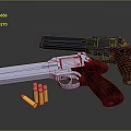 Blue And Silver Pistols With Wooden Handles And Bullets On Dark Surface