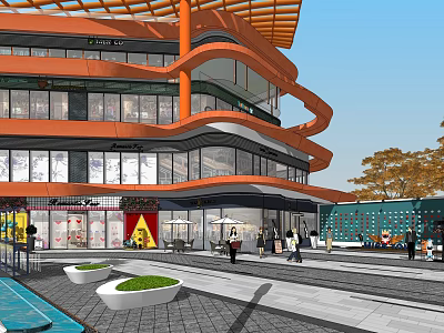 Modern Commercial Landscape With Glass Facade Retail Stores Green Spaces And Pedestrian Area 3d model