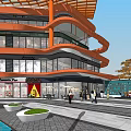 Modern Commercial Landscape With Glass Facade Retail Stores Green Spaces And Pedestrian Area