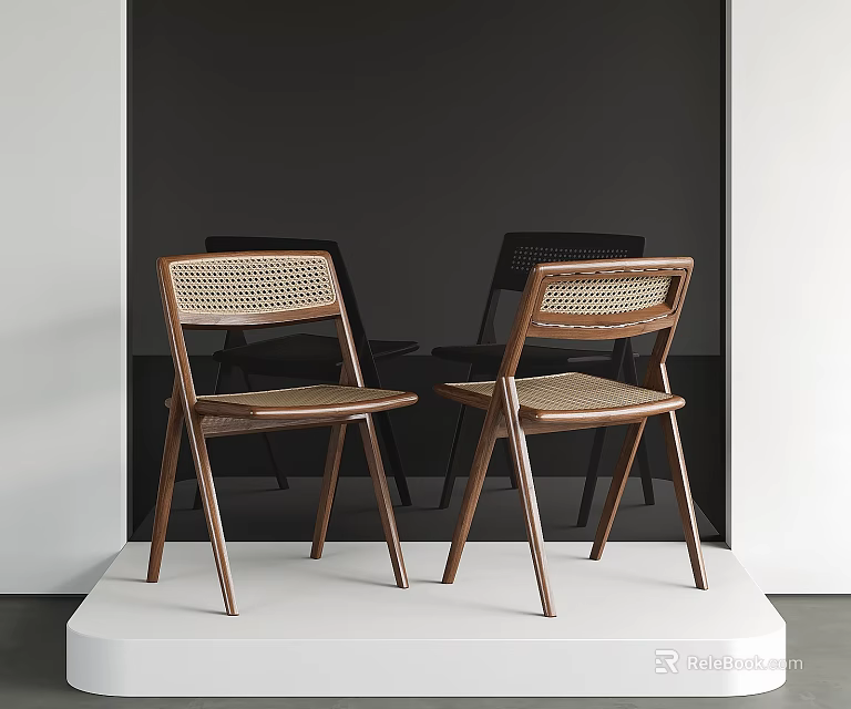 Modern Minimalist Dining Chairs With Wooden Frame And Rattan Backrest Details 3d model 