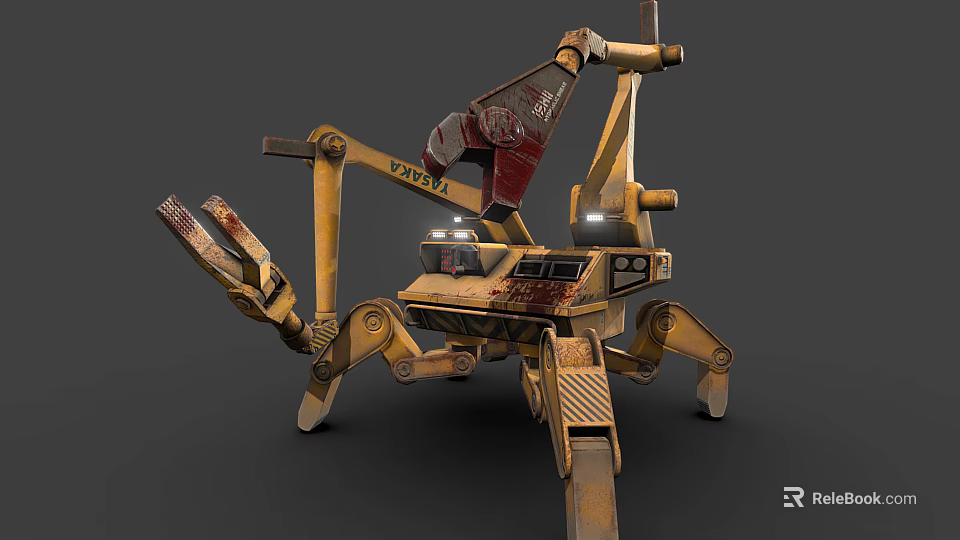 Industrial Equipment Featuring Yellow Body Red Components Mechanical Arms And Support Legs 3d model 