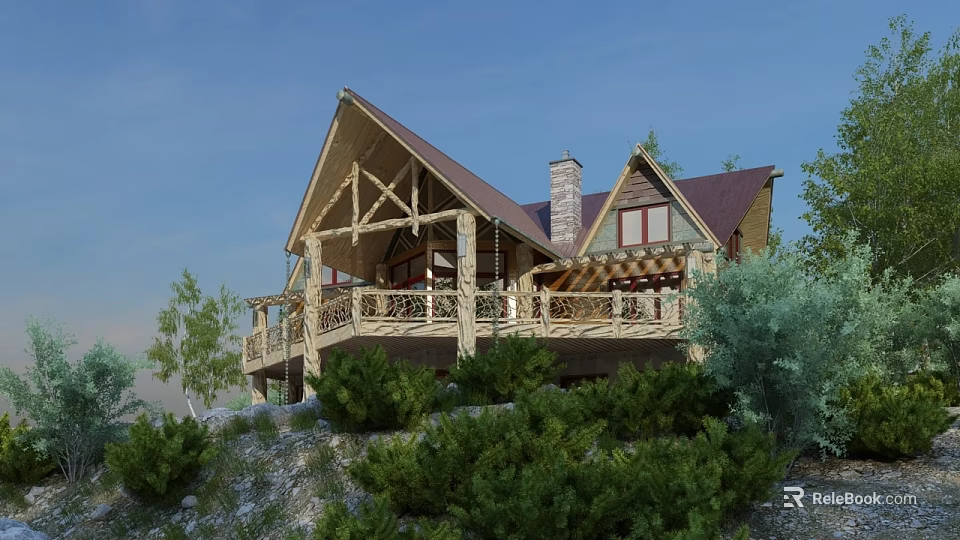 Wooden Detached Villa With Sloped Red Roof Chimney And Green Surrounding Trees 3d model 