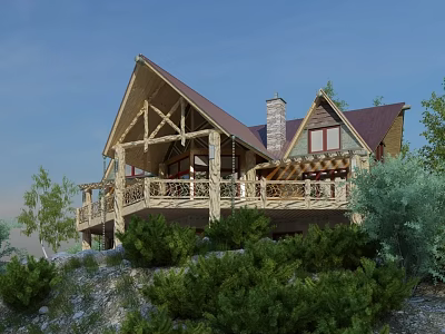 Wooden Detached Villa With Sloped Red Roof Chimney And Green Surrounding Trees 3d model