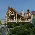 Wooden Detached Villa With Sloped Red Roof Chimney And Green Surrounding Trees