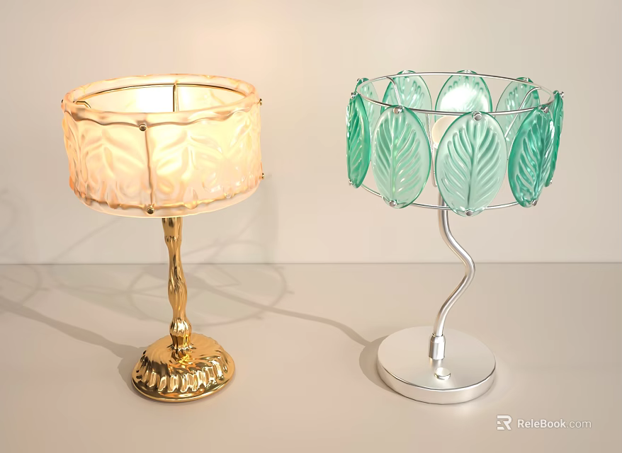 Two Stylish Table Lamps With Leaf Pattern Shades And Gold Silver Bases 3d model 