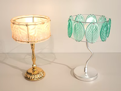 Two Stylish Table Lamps With Leaf Pattern Shades And Gold Silver Bases 3d model