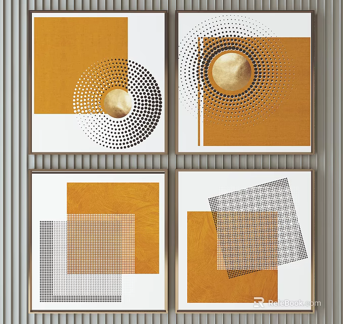 Abstract Geometric Wall Art With Orange White Black Patterns And Circular Square Shapes 3d model