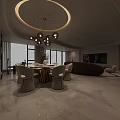 Modern Living and Dining Room With Purple Sofa Circular Rug And Floor to Ceiling Windows