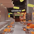 Modern Restaurant Exterior With Neon Signage Glass Doors Outdoor Seating And City Night View