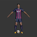 Man Standing in Blue and Red Striped Football Jersey with Soccer Ball at Feet