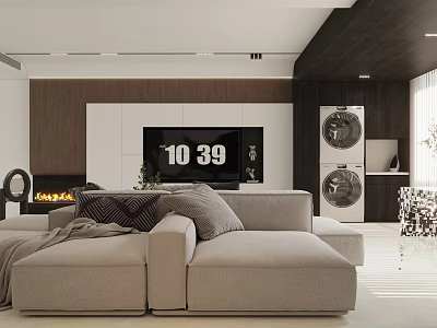 Modern Living And Dining Room Interior With Beige Sofa TV Wall And Fireplace 3d model