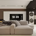 Modern Living And Dining Room Interior With Beige Sofa TV Wall And Fireplace