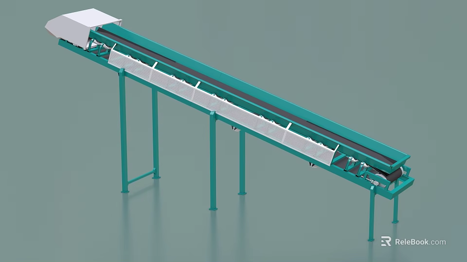 Industrial Inclined Conveyor Belt With Green Support Frames And White Structure For Material Transportation 3d model 