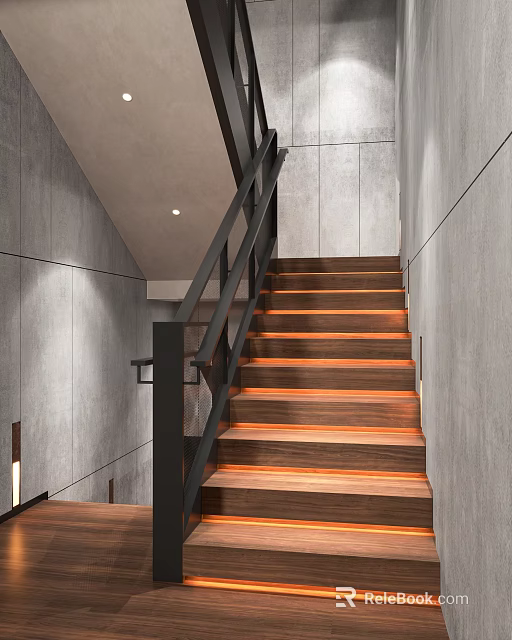 Modern Interior Staircase With Wooden Steps Illuminated Black Railings And Gray Walls 3d model 