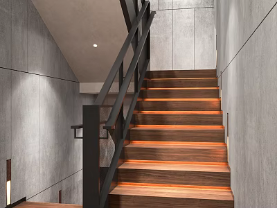 Modern Interior Staircase With Wooden Steps Illuminated Black Railings And Gray Walls 3d model
