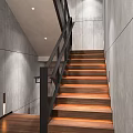 Modern Interior Staircase With Wooden Steps Illuminated Black Railings And Gray Walls