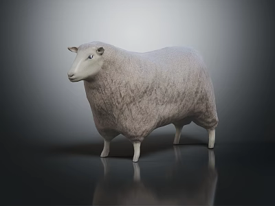 White Fluffy Sheep Standing on Dark Reflective Surface with Soft Gray Background 3d model