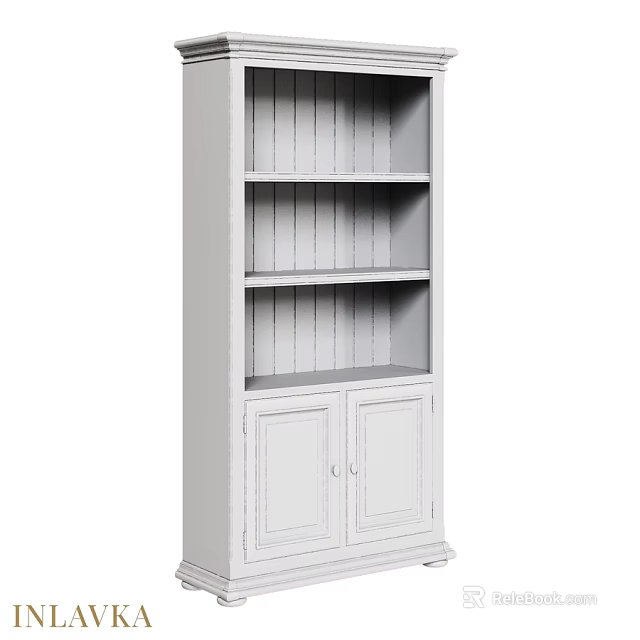White Storage Cabinet with Multiple Open Shelves and Closed Bottom Doors 3d model 