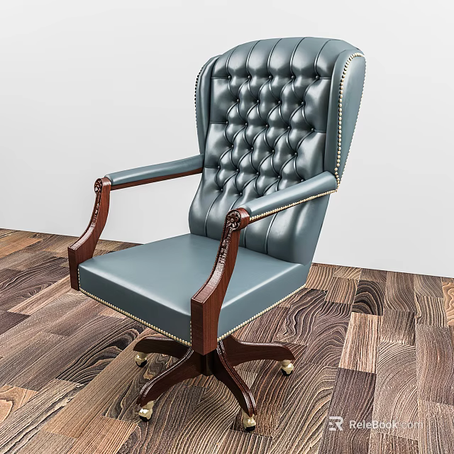Blue Leather Office Chair With Tufted Back Wooden Armrests And Swivel Base 3d model 