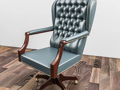 Blue Leather Office Chair With Tufted Back Wooden Armrests And Swivel Base 3d model