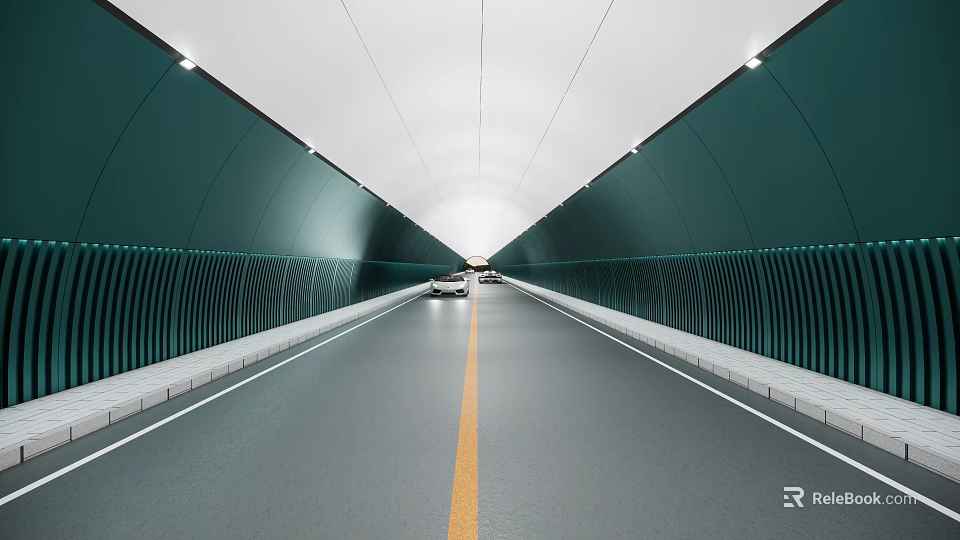 Road Tunnel Facility With Green Walls Central Yellow Line Moving Vehicles And Lighting System 3d model 