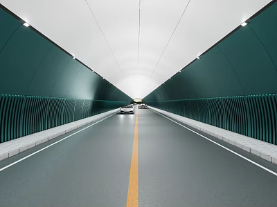 Road Tunnel Facility With Green Walls Central Yellow Line Moving Vehicles And Lighting System 3d model