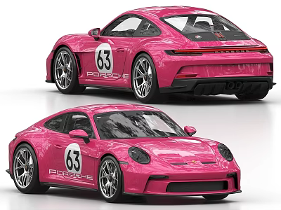 Pink Porsche Sports Car with Number 63 in Two Different Views 3d model