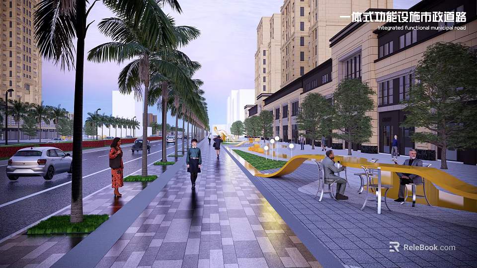 Urban Roadside Facilities With Pedestrian Walkway Palm Trees And Seating Areas 3d model 