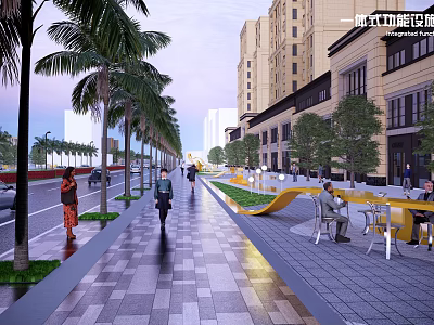 Urban Roadside Facilities With Pedestrian Walkway Palm Trees And Seating Areas 3d model
