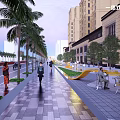 Urban Roadside Facilities With Pedestrian Walkway Palm Trees And Seating Areas