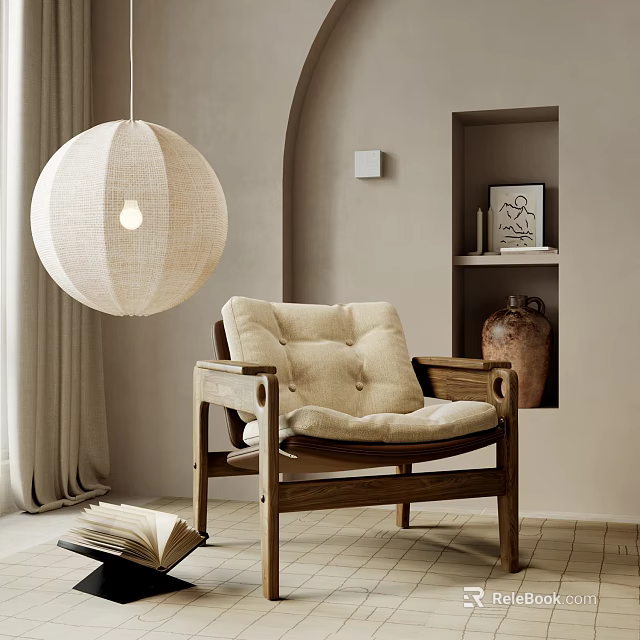 Cozy Wooden Frame Lounge Chair With Beige Cushion And Linen Pendant Light In Minimalist Room 3d model 
