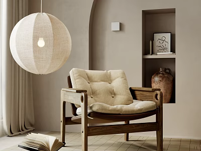 Cozy Wooden Frame Lounge Chair With Beige Cushion And Linen Pendant Light In Minimalist Room 3d model