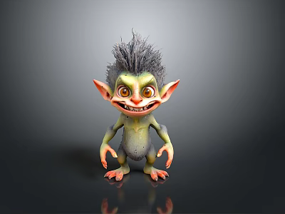 Grinning Fantasy Creature With Pointed Ears Yellow Eyes Spiky Gray Hair Green Body Red Claws 3d model