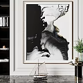 Modern Interior With Black White Abstract Painting Gold Frame Bookshelf Sailboat Model And Green Plant