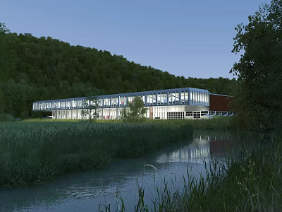 Modern Industrial Factory Building With Glass Walls And Lights Surrounded By Green Hills And River 3d model