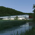 Modern Industrial Factory Building With Glass Walls And Lights Surrounded By Green Hills And River