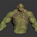 Game Movie Character With Green Skin Muscular Build Sharp Fangs Red Necklace And Chest Tattoos