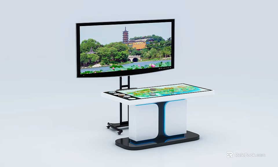 Modern Interactive Monitor And Touch Table Displaying Scenic Tower Bridge Green Trees Lake 3d model 